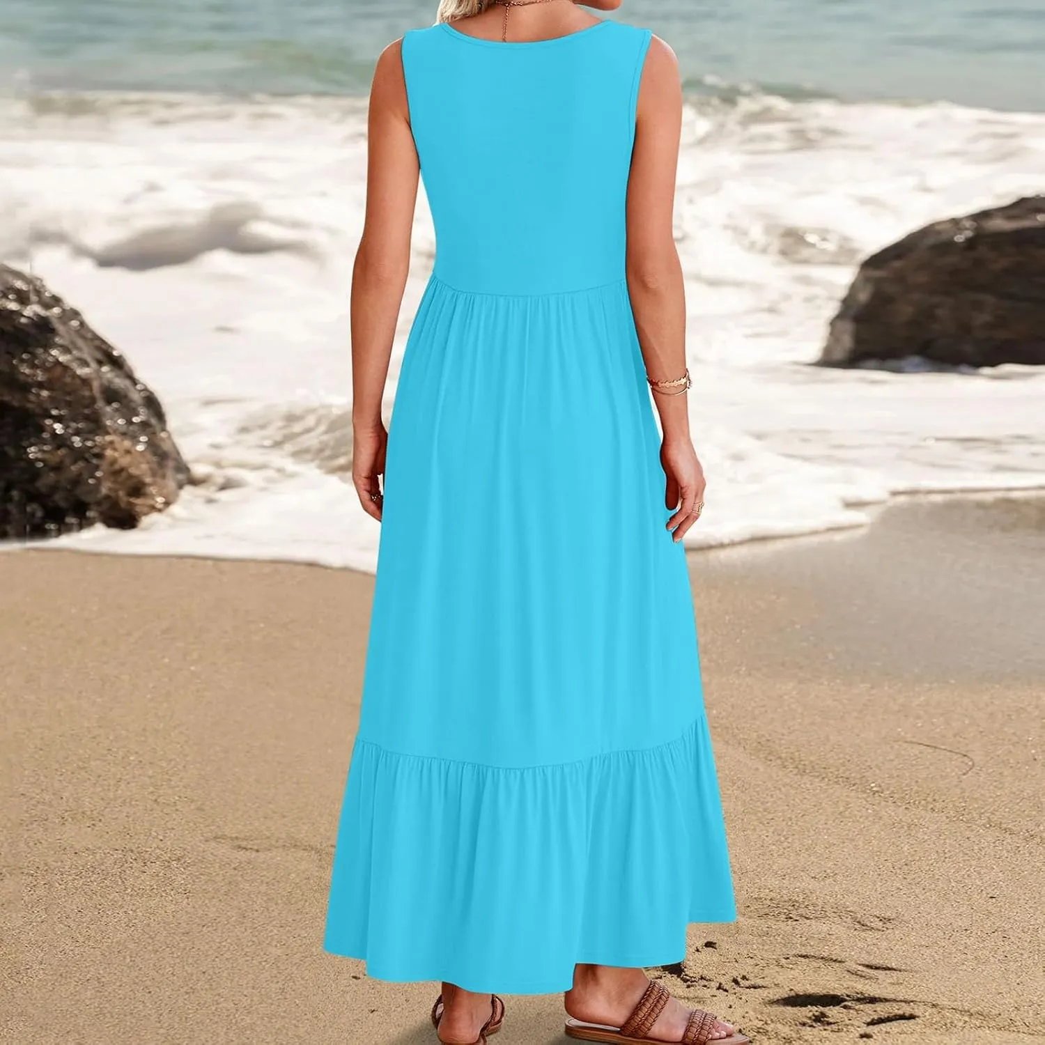 Women's Summer Dresses Sleeveless Casual Boho Maxi Long Dress Square Neck Smocked Floral Beach Vacation Sundresses 4