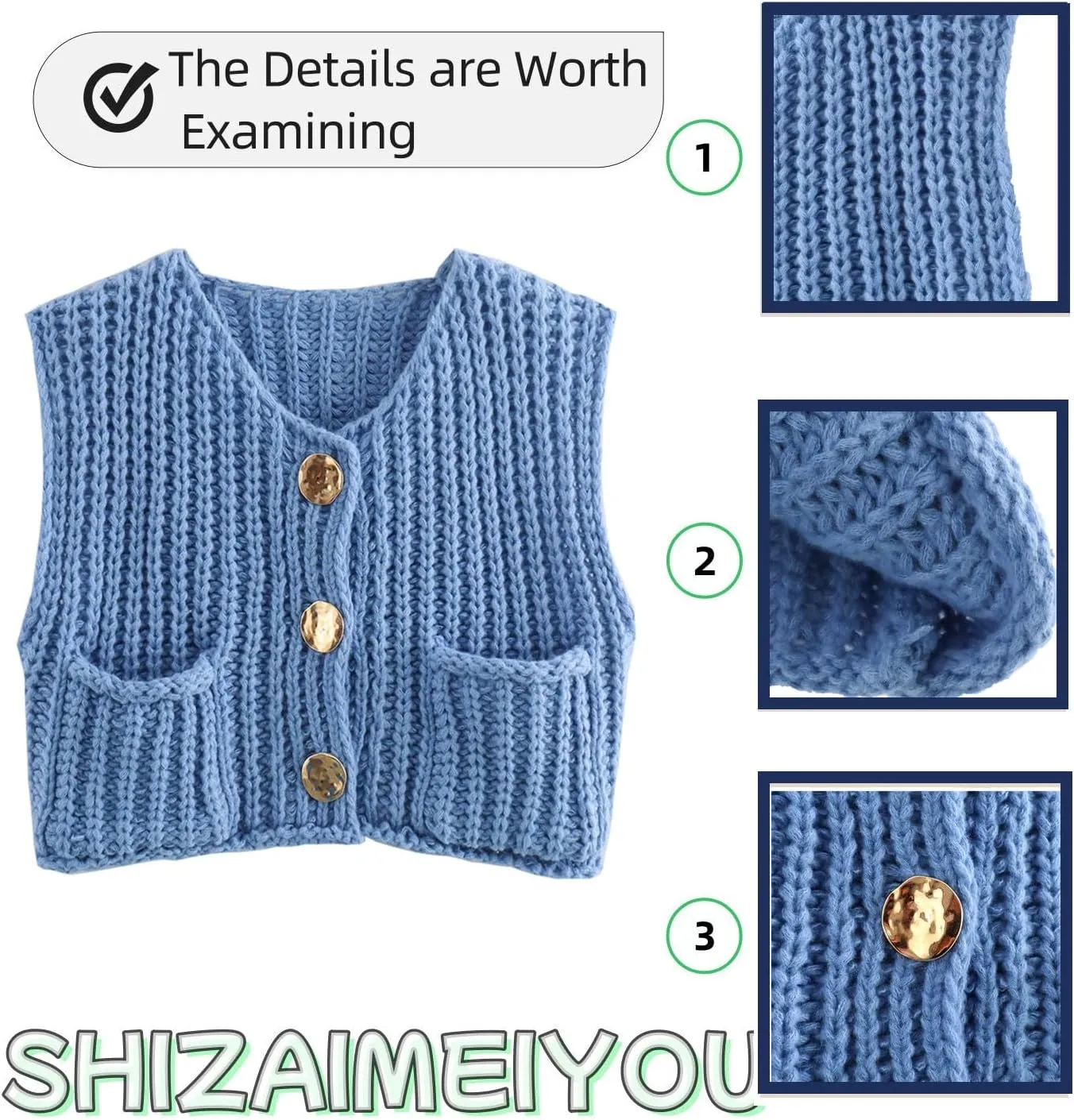 Women's Sweater Vest Knit Top Crop Crochet Chunky Sleeveless With Gold Button XS-XL