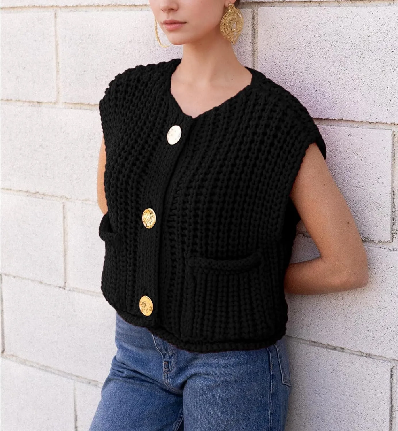 Women's Sweater Vest Knit Top Crop Crochet Chunky Sleeveless With Gold Button XS-XL