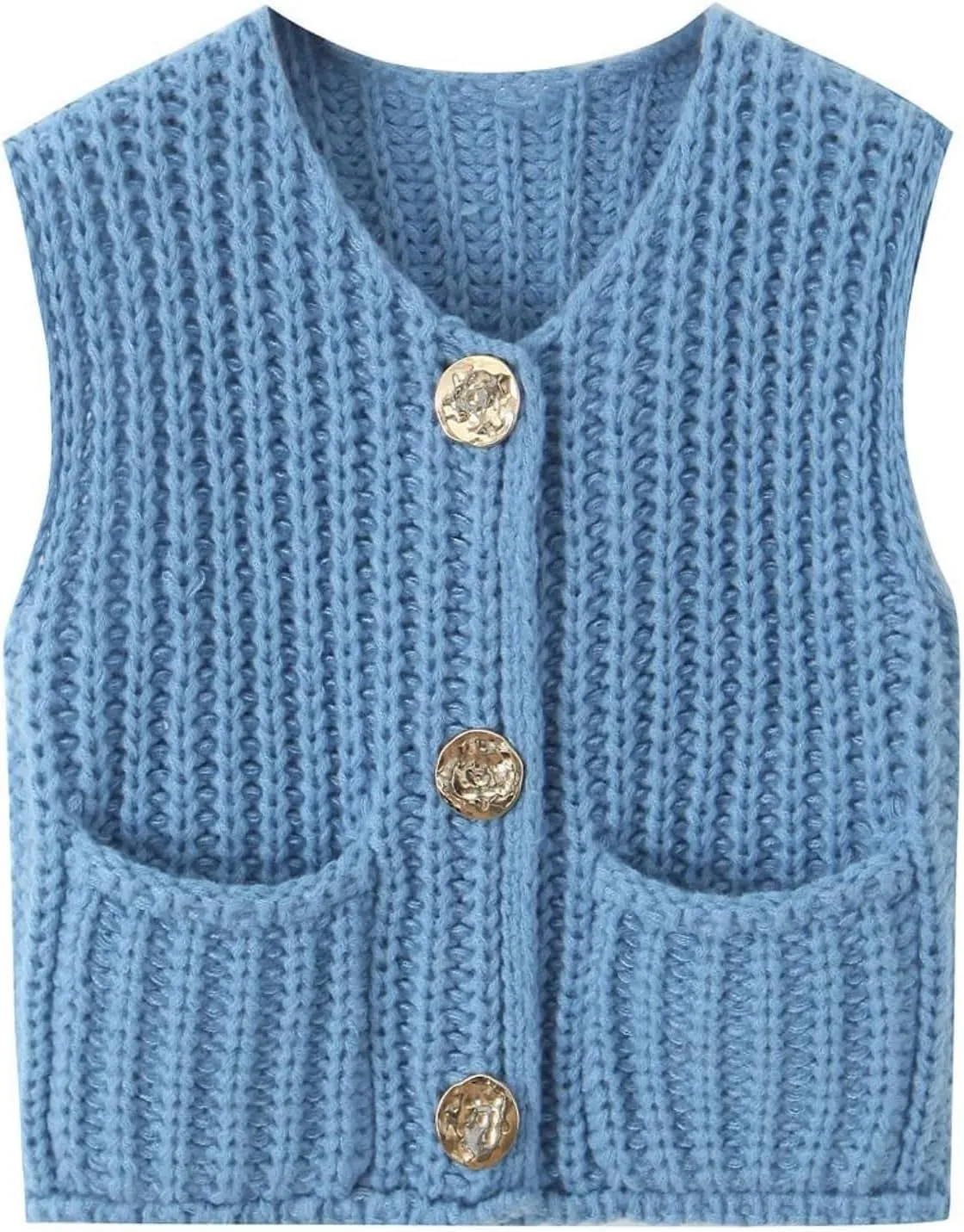 Women's Sweater Vest Knit Top Crop Crochet Chunky Sleeveless With Gold Button XS-XL