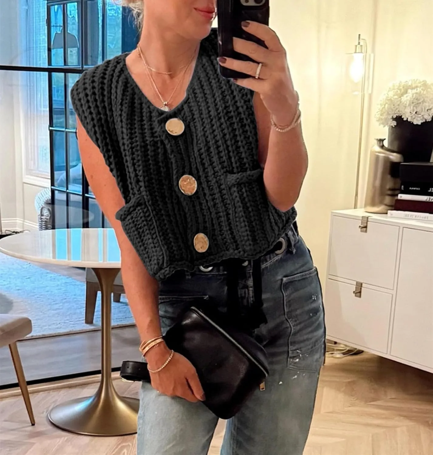 Women's Sweater Vest Knit Top Crop Crochet Chunky Sleeveless With Gold Button XS-XL