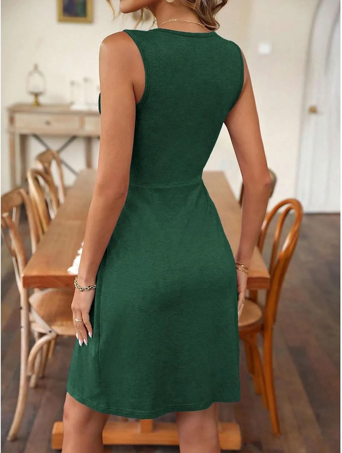Womens Twist Front V Neck Summer Sleeveless A Line Dress Casual Beach Party Tunic Slim Fit Sexy Bodycon Mini Sundress