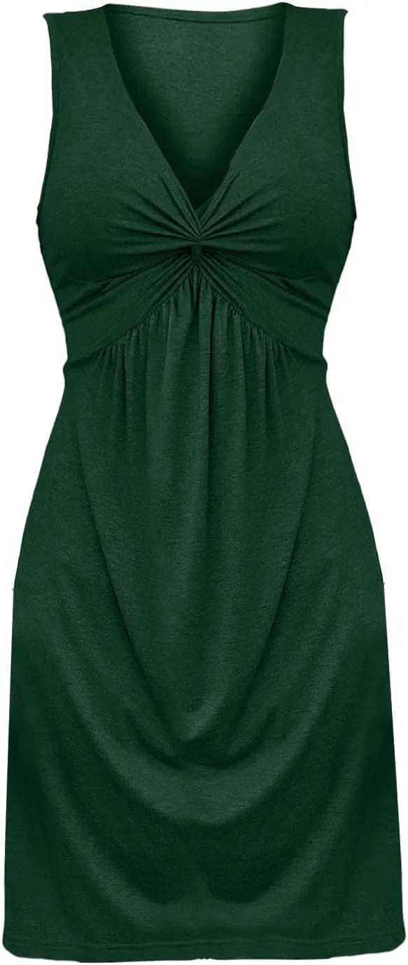 Womens Twist Front V Neck Summer Sleeveless A Line Dress Casual Beach Party Tunic Slim Fit Sexy Bodycon Mini Sundress