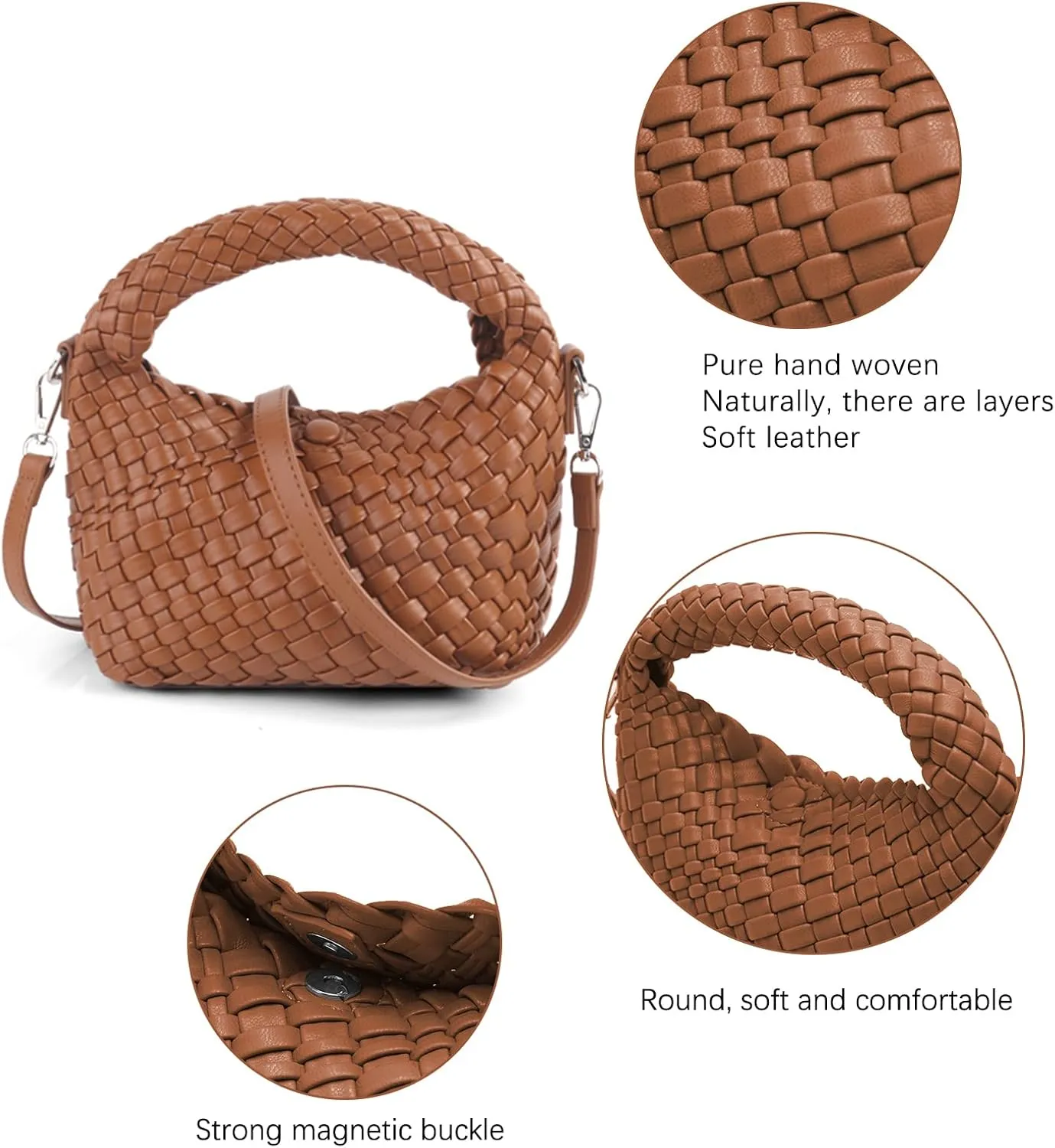 Woven Crossbody Bags for Women, Small Woven Purse Shoulder Bag with Detachable Strap, Leather Handbag Mini Hobo Bag