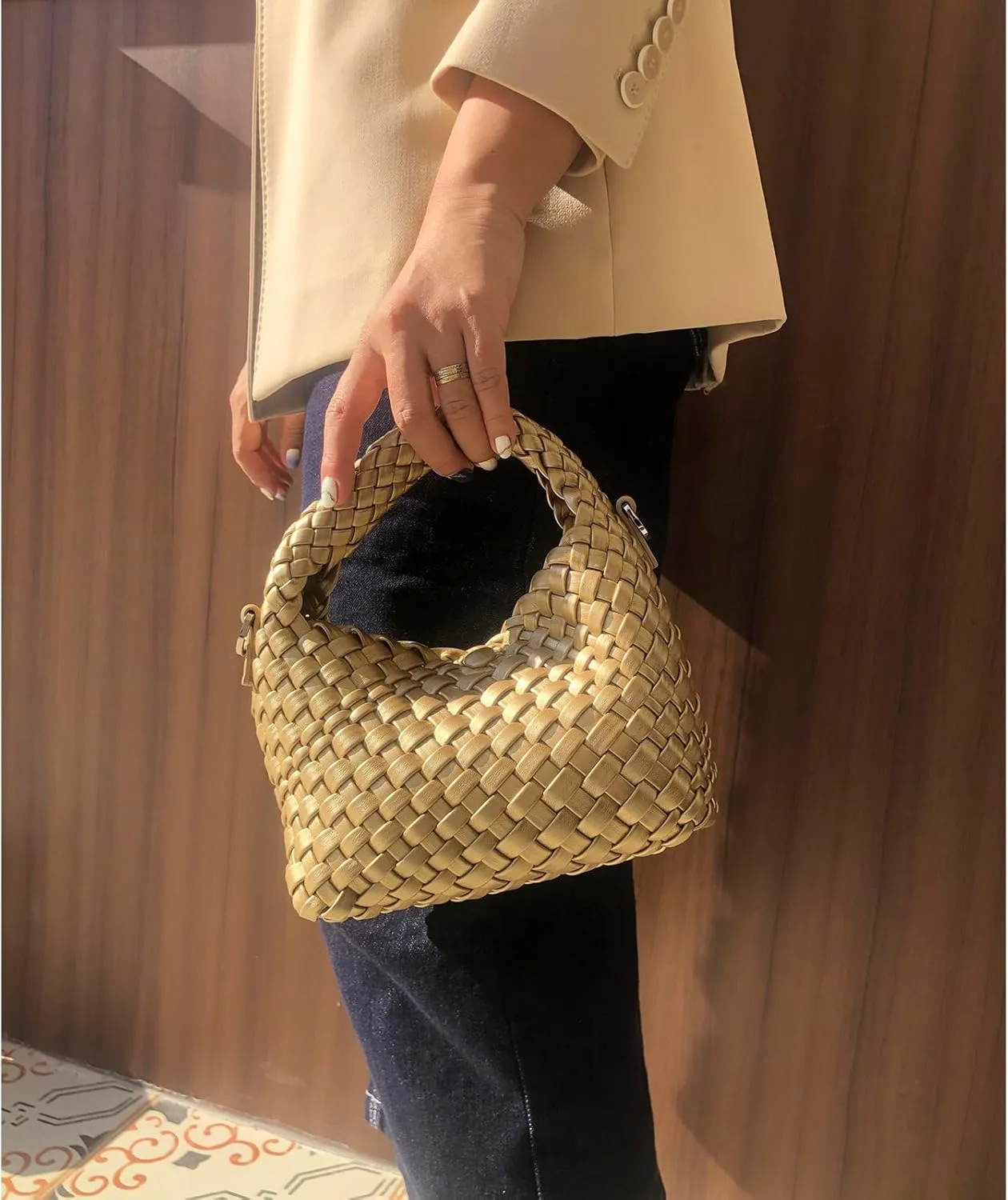 Woven Crossbody Bags for Women, Small Woven Purse Shoulder Bag with Detachable Strap, Leather Handbag Mini Hobo Bag