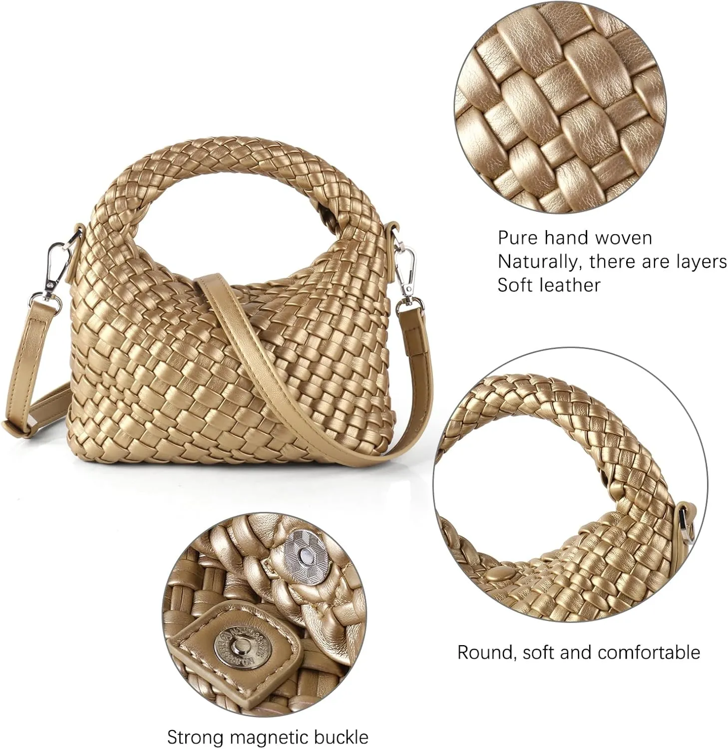 Woven Crossbody Bags for Women, Small Woven Purse Shoulder Bag with Detachable Strap, Leather Handbag Mini Hobo Bag