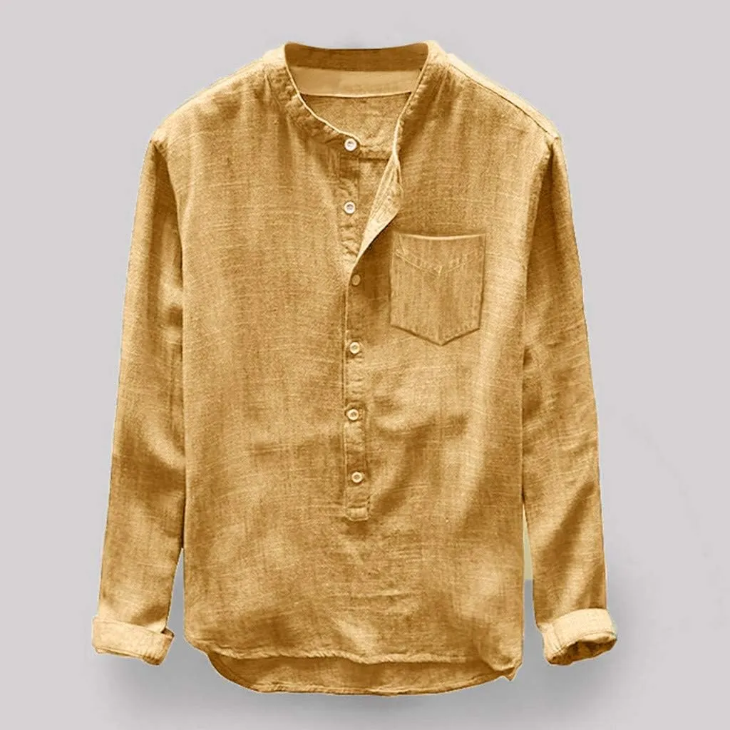 WUAI-Men Cotton Linen Henley Shirt Long Sleeve Summer Linen Beach Yoga Button Up Shirts Tops
