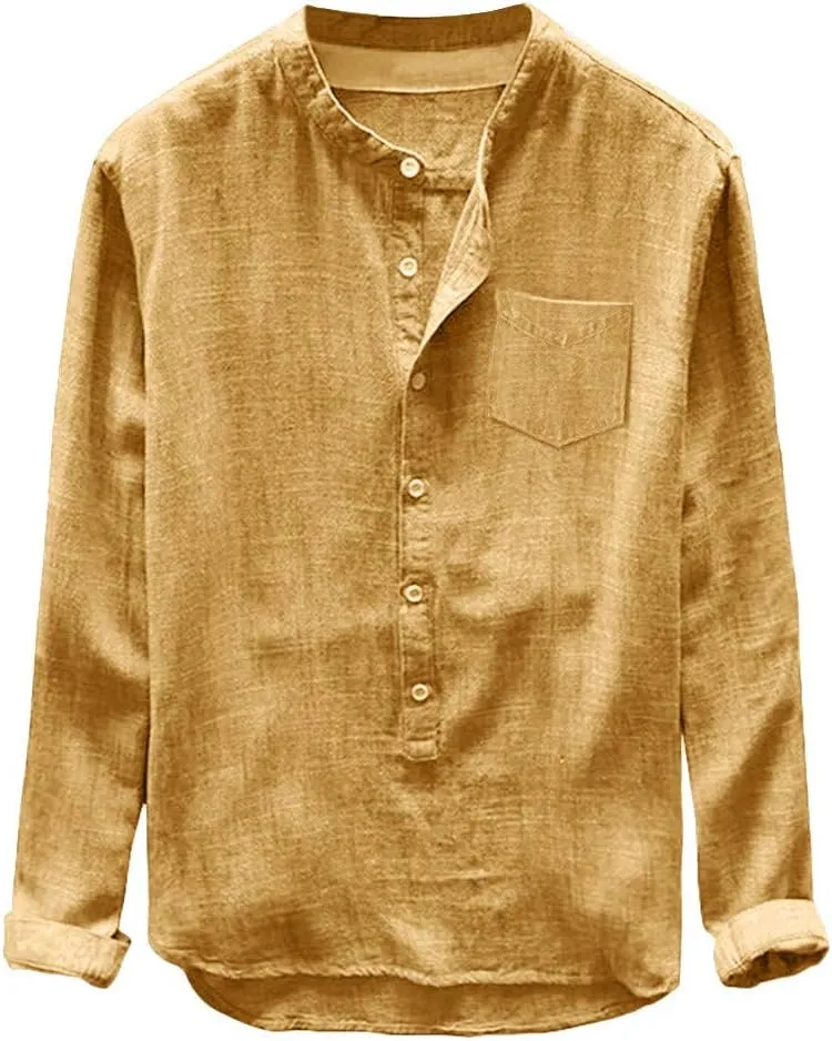 WUAI-Men Cotton Linen Henley Shirt Long Sleeve Summer Linen Beach Yoga Button Up Shirts Tops