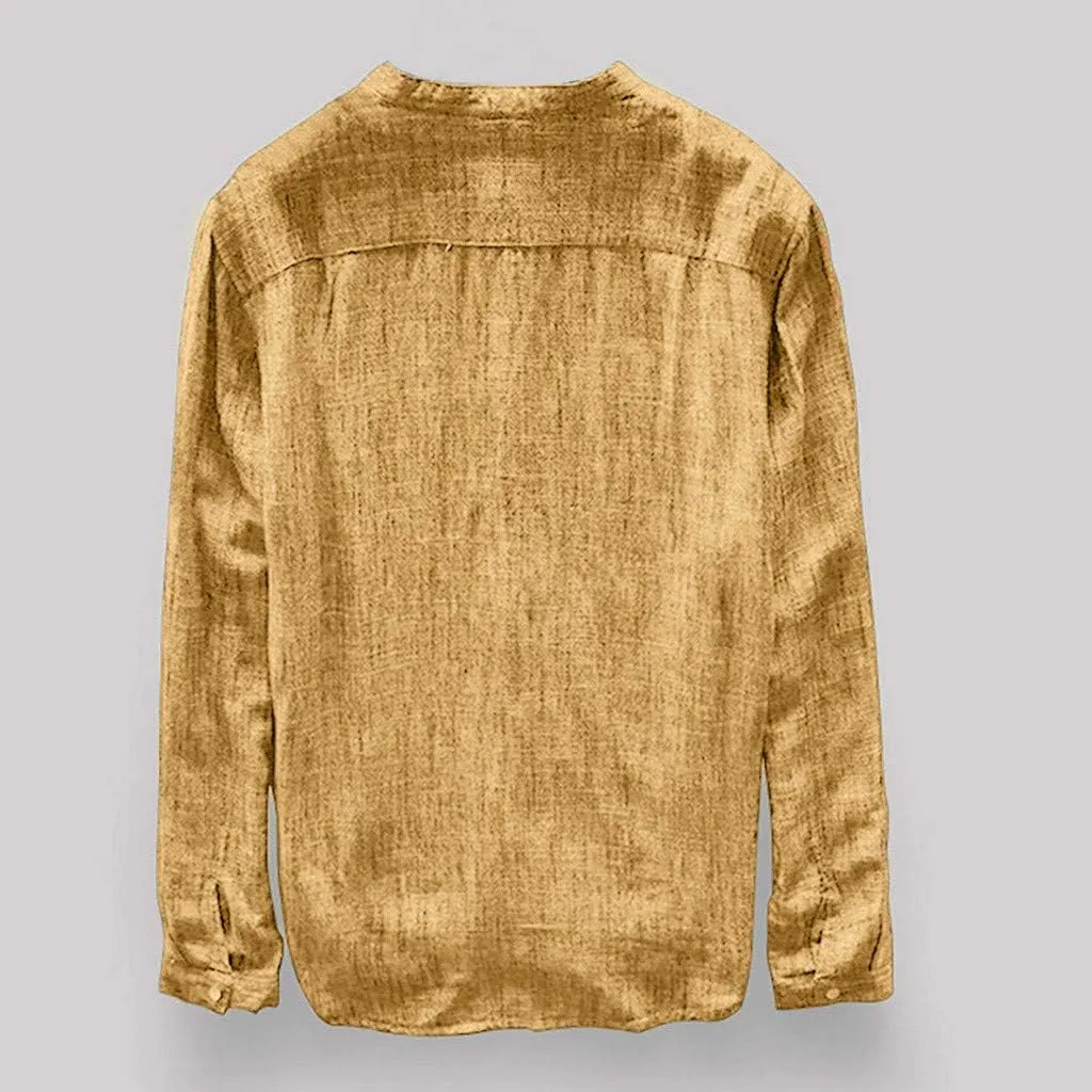 WUAI-Men Cotton Linen Henley Shirt Long Sleeve Summer Linen Beach Yoga Button Up Shirts Tops