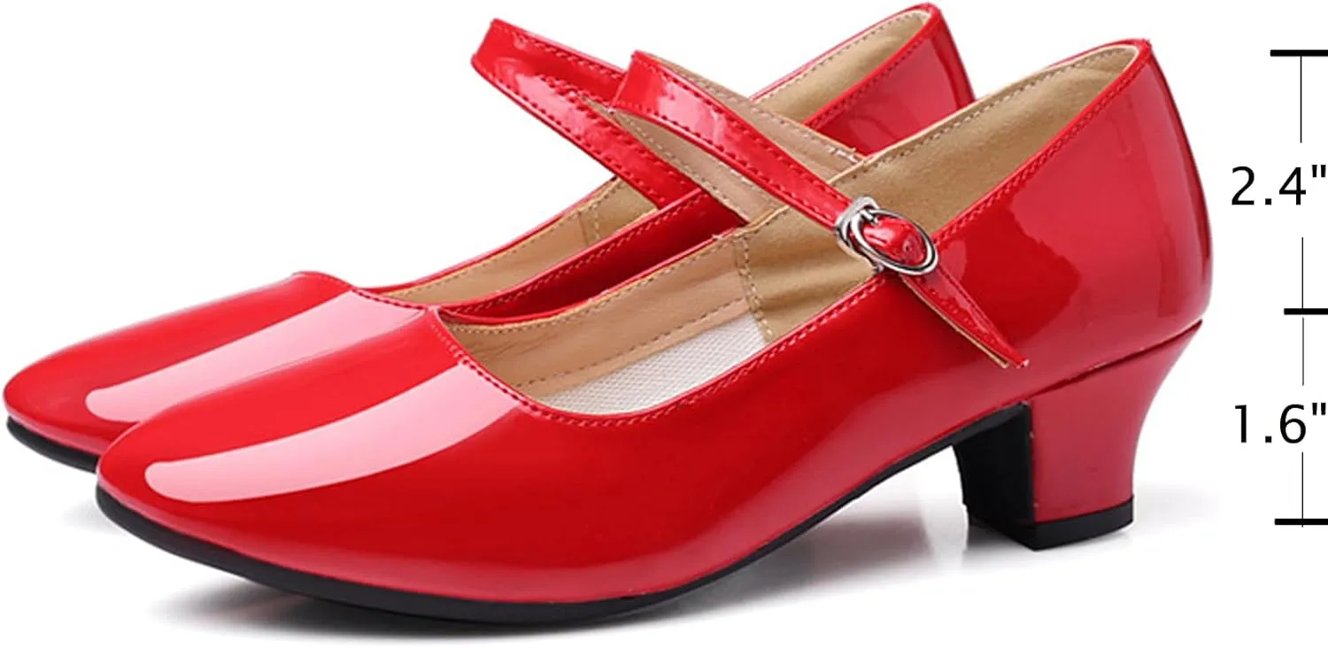 WUIWUIYU Womens Latin Ballroom Dance Shoes Pointed-Toe Ankle Strap Soft Sole Dancing Heels Mary Jane Shoe