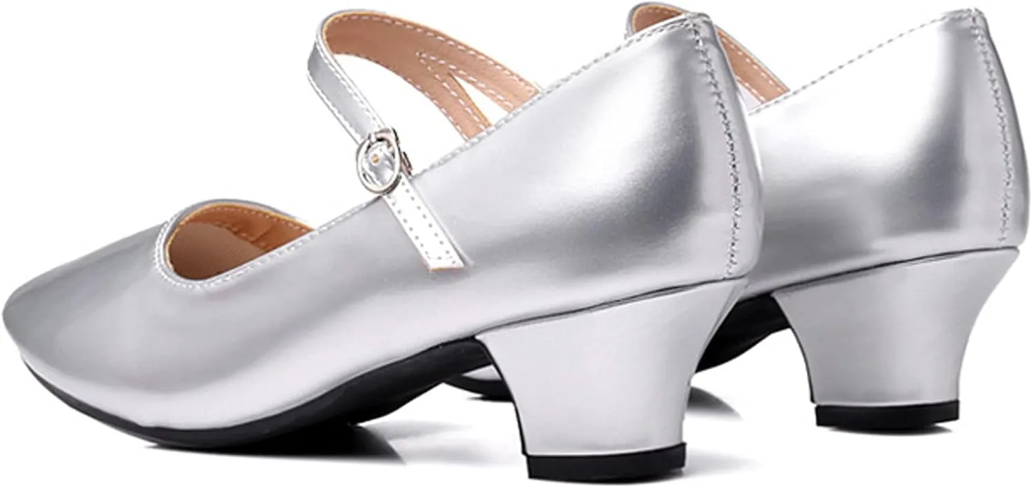 WUIWUIYU Womens Latin Ballroom Dance Shoes Pointed-Toe Ankle Strap Soft Sole Dancing Heels Mary Jane Shoe