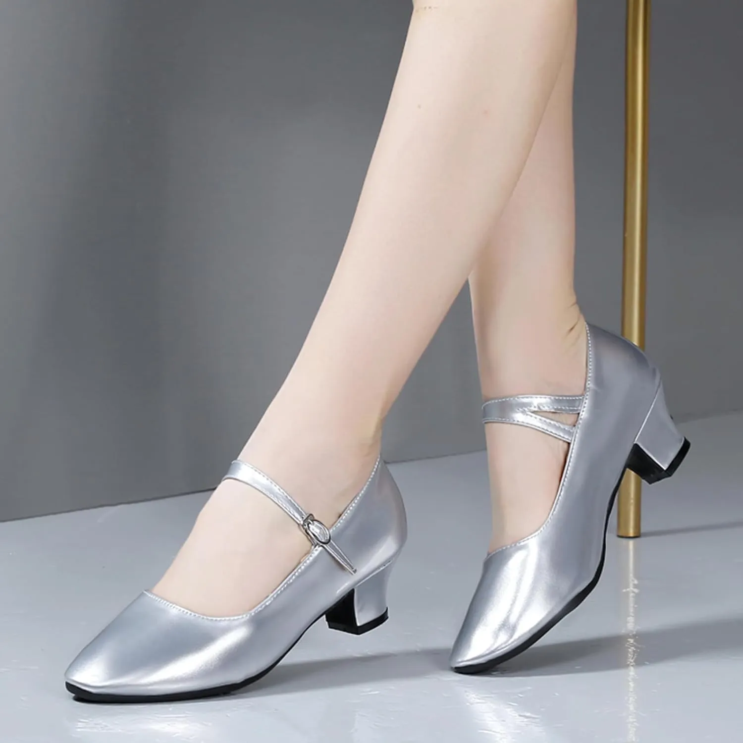 WUIWUIYU Womens Latin Ballroom Dance Shoes Pointed-Toe Ankle Strap Soft Sole Dancing Heels Mary Jane Shoe