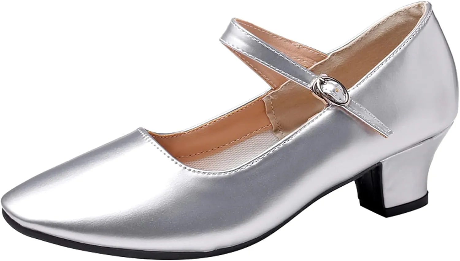 WUIWUIYU Womens Latin Ballroom Dance Shoes Pointed-Toe Ankle Strap Soft Sole Dancing Heels Mary Jane Shoe