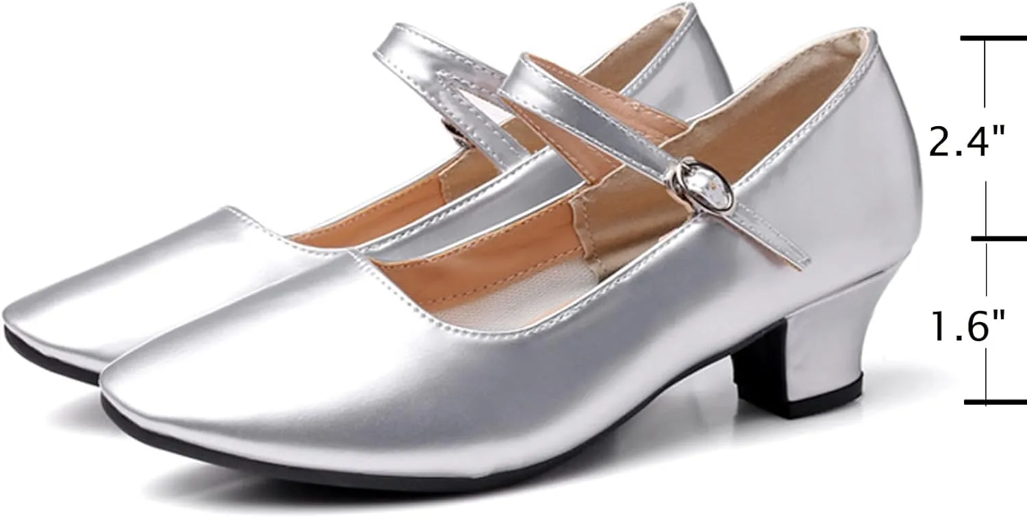 WUIWUIYU Womens Latin Ballroom Dance Shoes Pointed-Toe Ankle Strap Soft Sole Dancing Heels Mary Jane Shoe