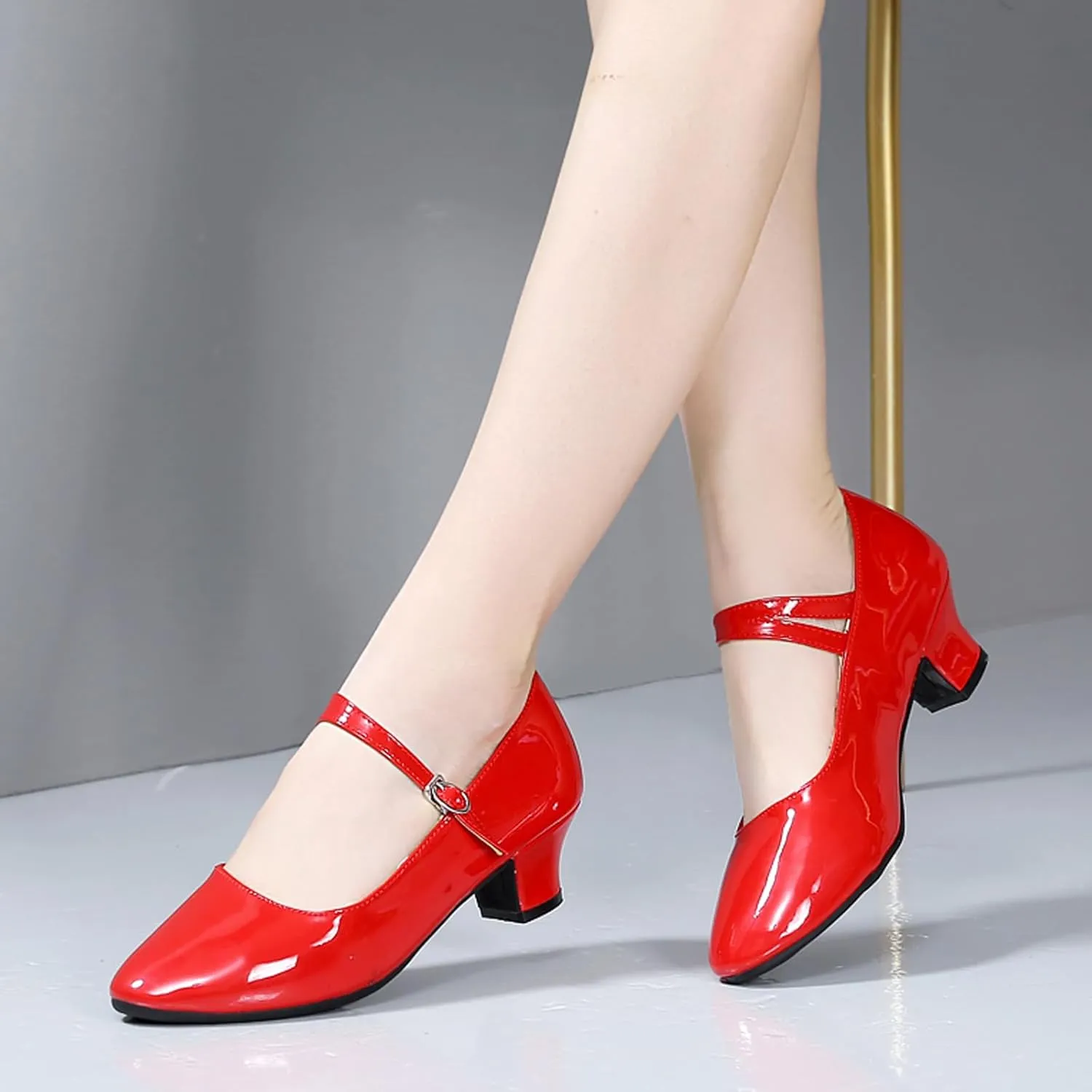 WUIWUIYU Womens Latin Ballroom Dance Shoes Pointed-Toe Ankle Strap Soft Sole Dancing Heels Mary Jane Shoe