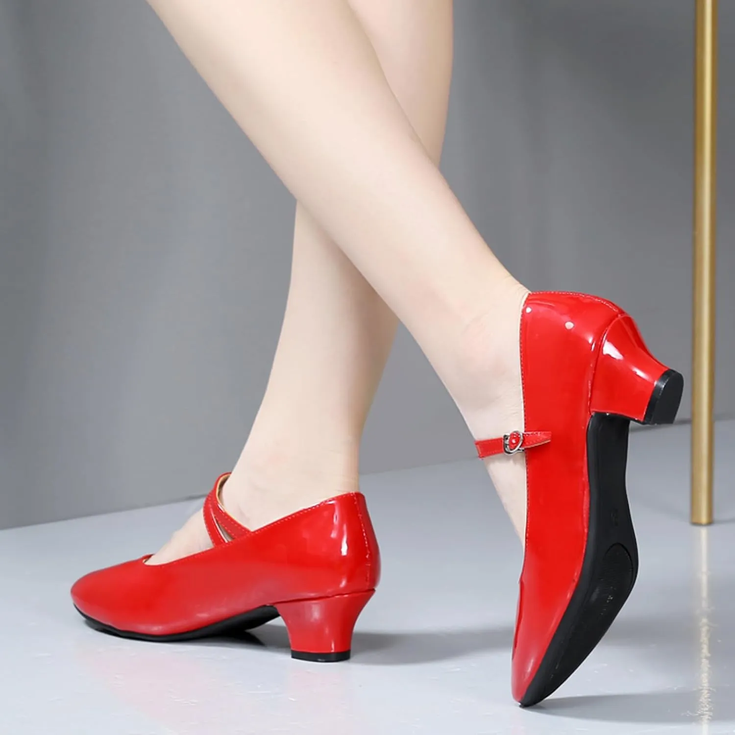 WUIWUIYU Womens Latin Ballroom Dance Shoes Pointed-Toe Ankle Strap Soft Sole Dancing Heels Mary Jane Shoe