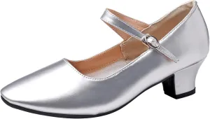 WUIWUIYU Womens Latin Ballroom Dance Shoes Pointed-Toe Ankle Strap Soft Sole Dancing Heels Mary Jane Shoe