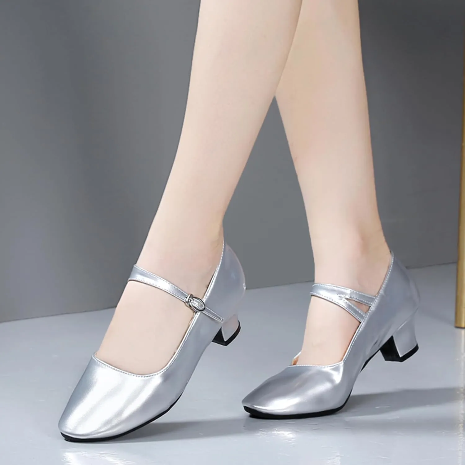 WUIWUIYU Womens Latin Ballroom Dance Shoes Pointed-Toe Ankle Strap Soft Sole Dancing Heels Mary Jane Shoe