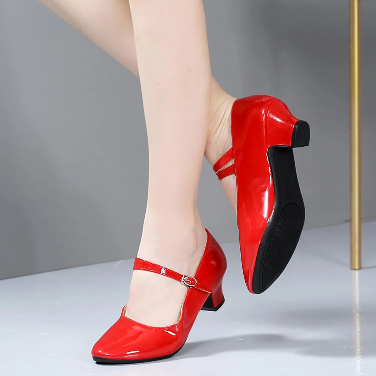 WUIWUIYU Womens Latin Ballroom Dance Shoes Pointed-Toe Ankle Strap Soft Sole Dancing Heels Mary Jane Shoe