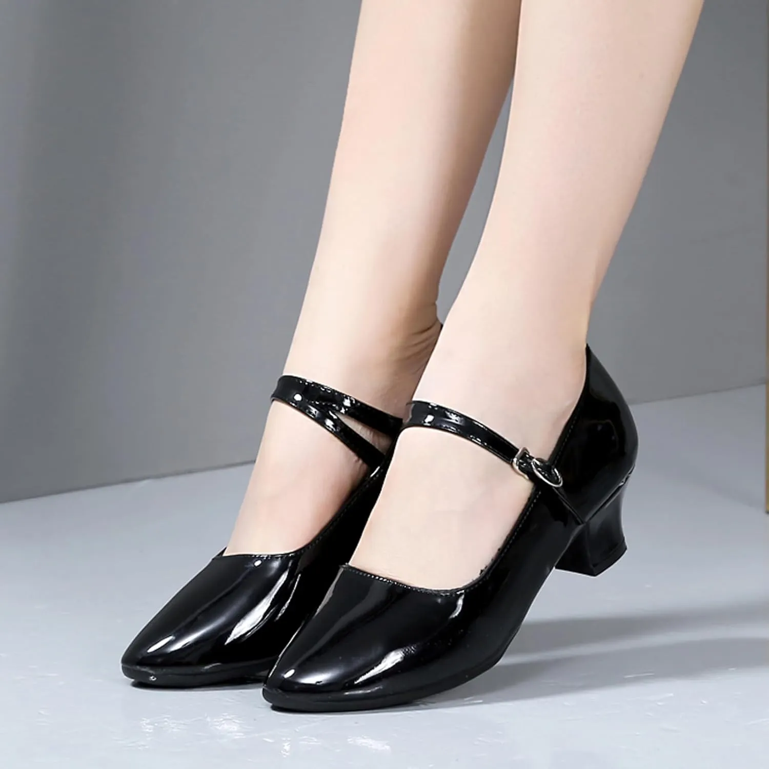 WUIWUIYU Womens Latin Ballroom Dance Shoes Pointed-Toe Ankle Strap Soft Sole Dancing Heels Mary Jane Shoe