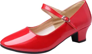 WUIWUIYU Womens Latin Ballroom Dance Shoes Pointed-Toe Ankle Strap Soft Sole Dancing Heels Mary Jane Shoe