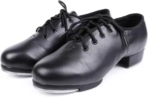 WUIWUIYU Women's Men's Black Tap Shoes Lace-Up Heels Split Sole Jazz Dance Shoes for Adult