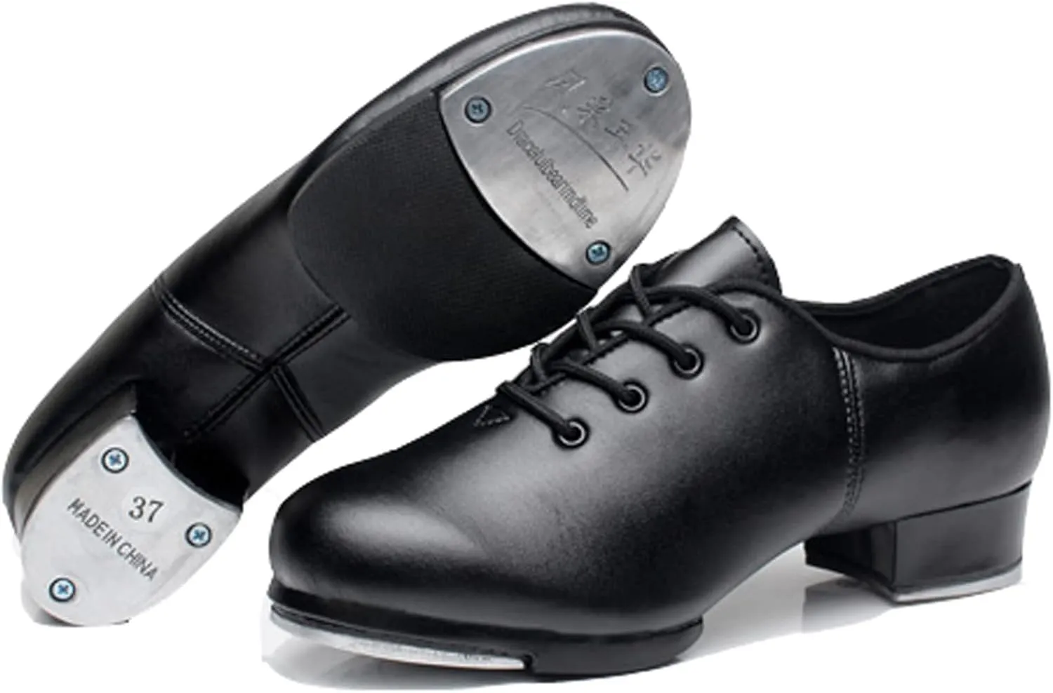 WUIWUIYU Women's Men's Black Tap Shoes Lace-Up Heels Split Sole Jazz Dance Shoes for Adult