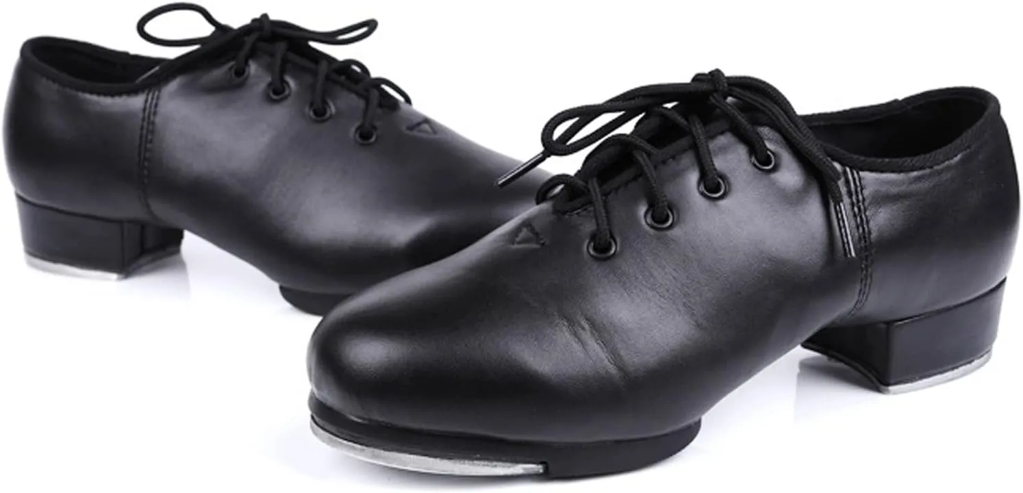 WUIWUIYU Women's Men's Black Tap Shoes Lace-Up Heels Split Sole Jazz Dance Shoes for Adult