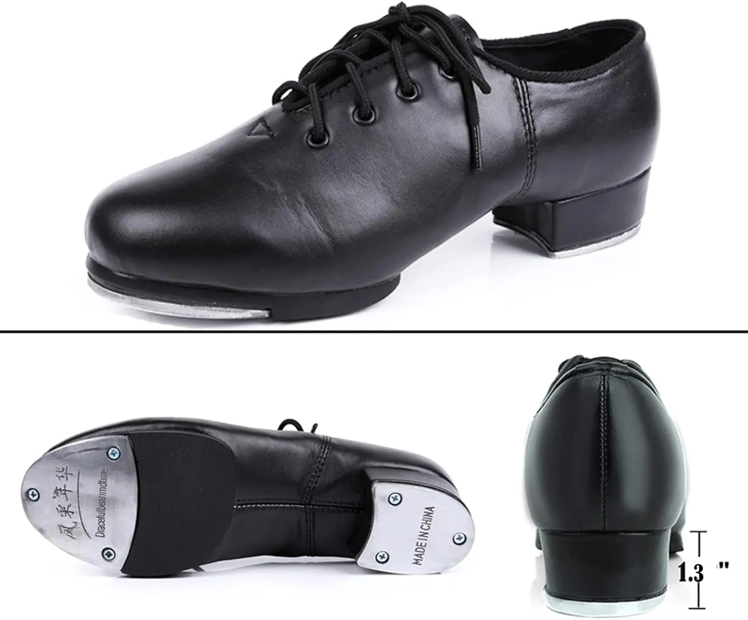 WUIWUIYU Women's Men's Black Tap Shoes Lace-Up Heels Split Sole Jazz Dance Shoes for Adult