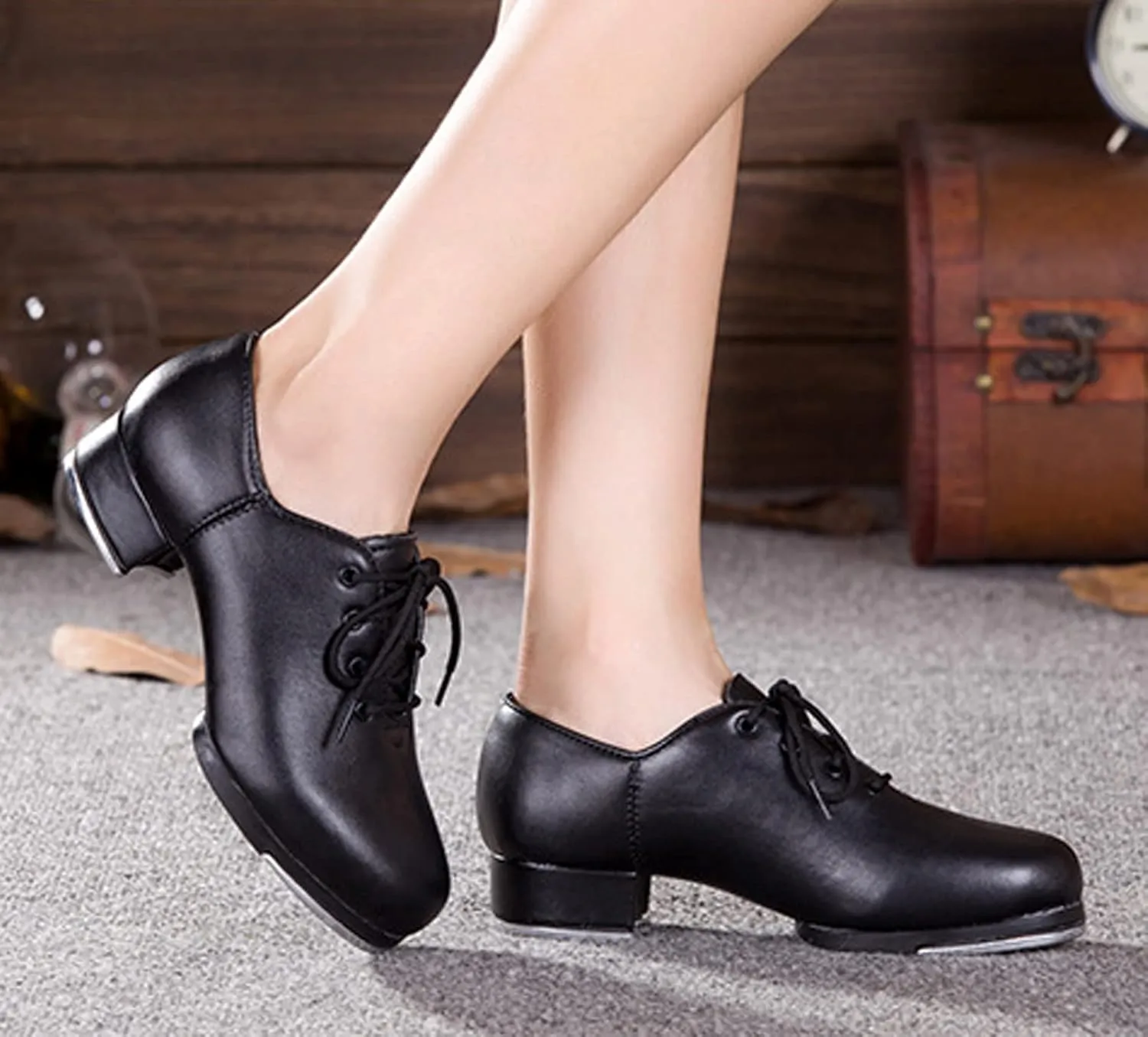 WUIWUIYU Women's Men's Black Tap Shoes Lace-Up Heels Split Sole Jazz Dance Shoes for Adult