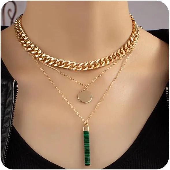 YERTTER Punk Layered Chunky Choker Green Bar Pendant Necklace Gold Chain Collar Choker Necklace for Women (Style 3)