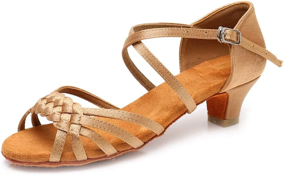 YKXLM Girls Latin Dance Shoes Kids Low Heels Tango Salsa Ballroom Practice Dance Shoes, 1208,Beige, 4 M Little Kid