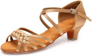 YKXLM Girls Latin Dance Shoes Kids Low Heels Tango Salsa Ballroom Practice Dance Shoes, 1208,Beige, 4 M Little Kid