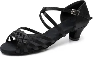 YKXLM Girls Latin Dance Shoes Kids Low Heels Tango Salsa Ballroom Practice Dance Shoes, 1208,Black,12.5 M Little Kid
