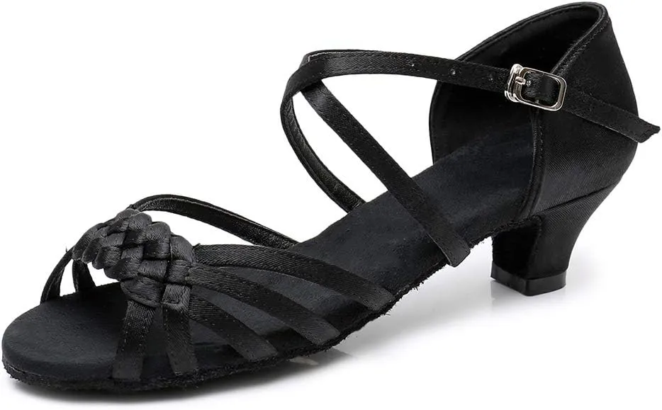 YKXLM Girls Latin Dance Shoes Kids Low Heels Tango Salsa Ballroom Practice Dance Shoes, 1208,Black,1.5 M Little Kid
