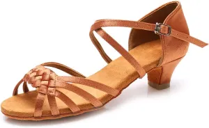 YKXLM Girls Latin Dance Shoes Kids Low Heels Tango Salsa Ballroom Practice Dance Shoes, 1208,Brown,11 M Little Kid
