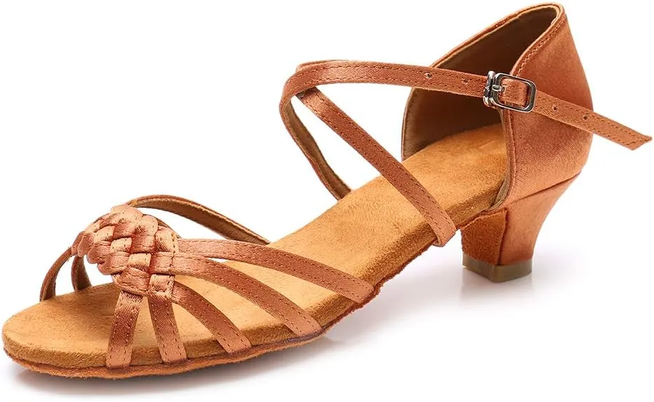 YKXLM Girls Latin Dance Shoes Kids Low Heels Tango Salsa Ballroom Practice Dance Shoes, 1208,Brown,11 M Little Kid