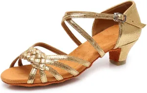 YKXLM Girls Latin Dance Shoes Kids Low Heels Tango Salsa Ballroom Practice Dance Shoes, 1208,Gold, 7 M Little Kid