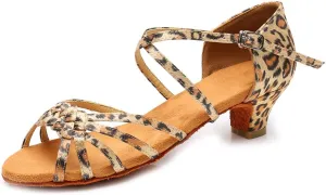 YKXLM Girls Latin Dance Shoes Kids Low Heels Tango Salsa Ballroom Practice Dance Shoes, 1208,Leopard, 5.5 M Little Kid