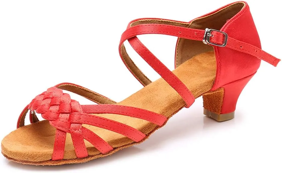 YKXLM Girls Latin Dance Shoes Kids Low Heels Tango Salsa Ballroom Practice Dance Shoes, 1208,Red, 4 M Little Kid