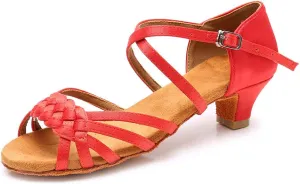 YKXLM Girls Latin Dance Shoes Kids Low Heels Tango Salsa Ballroom Practice Dance Shoes, 1208,Red, 4.5 M Little Kid