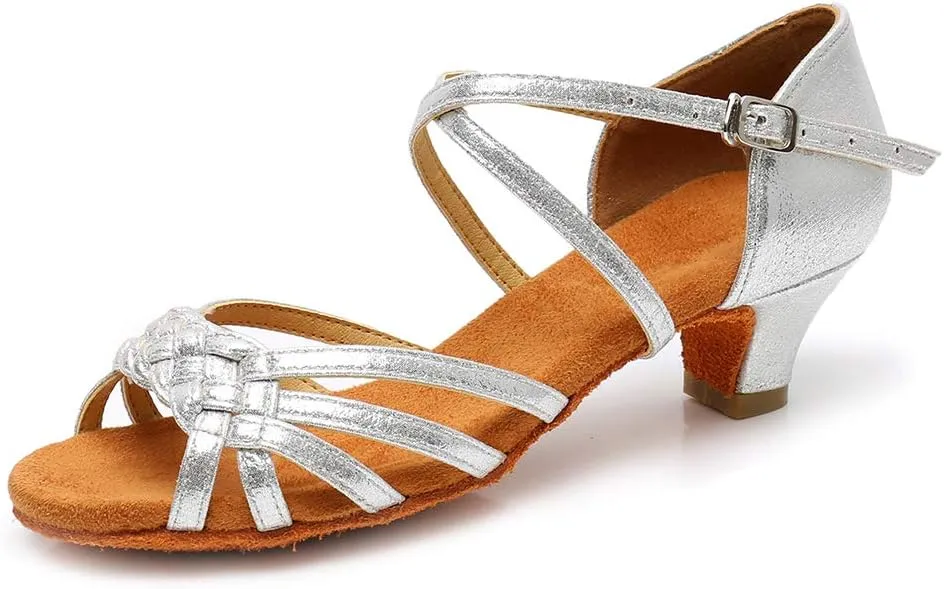 YKXLM Girls Latin Dance Shoes Kids Low Heels Tango Salsa Ballroom Practice Dance Shoes, 1208,Silver, 3 M Little Kid