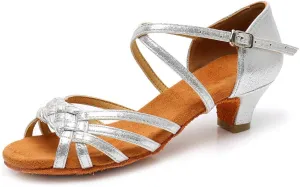 YKXLM Girls Latin Dance Shoes Kids Low Heels Tango Salsa Ballroom Practice Dance Shoes, 1208,Silver, 3 M Little Kid
