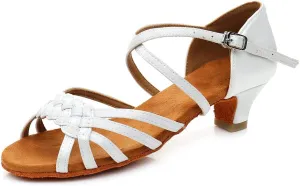 YKXLM Girls Latin Dance Shoes Kids Low Heels Tango Salsa Ballroom Practice Dance Shoes, 1208,White,13.5 M Little Kid