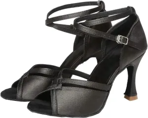 YKXLM Latin Ballroom Dance Shoes for Women Practice Dance Heels Performance Party Dance Shoes Peep-Toe, Black-8.5 Heel-9 US