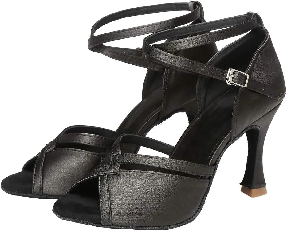 YKXLM Latin Ballroom Dance Shoes for Women Practice Dance Heels Performance Party Dance Shoes Peep-Toe, Black-8.5 Heel-9 US