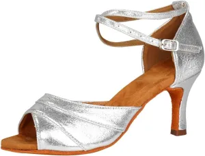 YKXLM Silver Shiny Leather Latin Shoes Ballroom Dance Shoes Women Dance Heels Salsa Shoes Model WH803,Silver,5 US