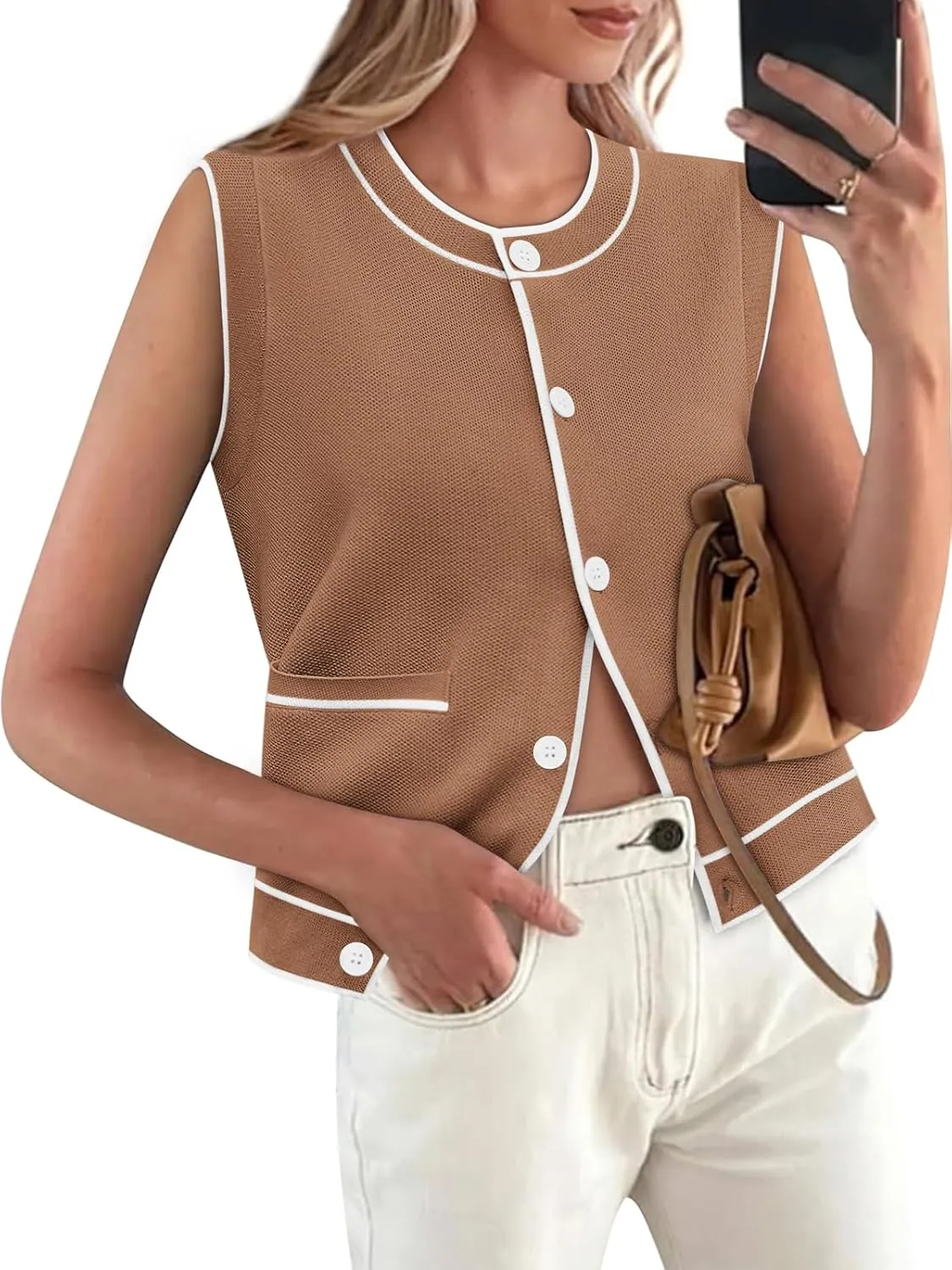 Yousify Womens Knit Tank Tops 2025 Summer Sleeveless Sweater Vest Round Neck Button Down Casual Cardigan with Pockets