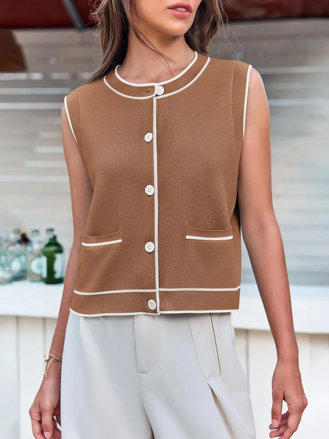 Yousify Womens Knit Tank Tops 2025 Summer Sleeveless Sweater Vest Round Neck Button Down Casual Cardigan with Pockets