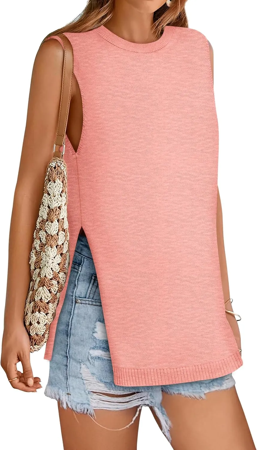 Yousify Women's Summer Tank Tops Crew Neck Sweater Vest 2025 Casual Sleeveless Knit Trendy Tunic Top XS-2XL